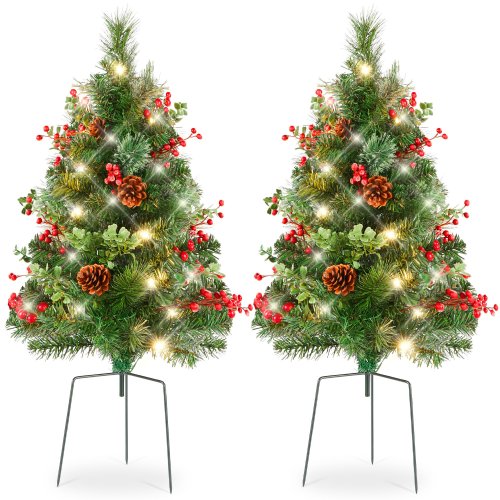 Set of 2 Pre-Lit Pathway Christmas Trees w/ Pine Cones, Timer - 24.5in