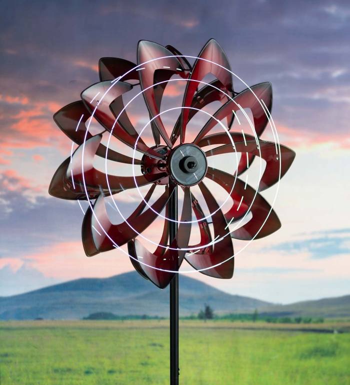 Solar Lighted LED Flower Metal Wind Spinner with Bi-Direction Rotors - Antique