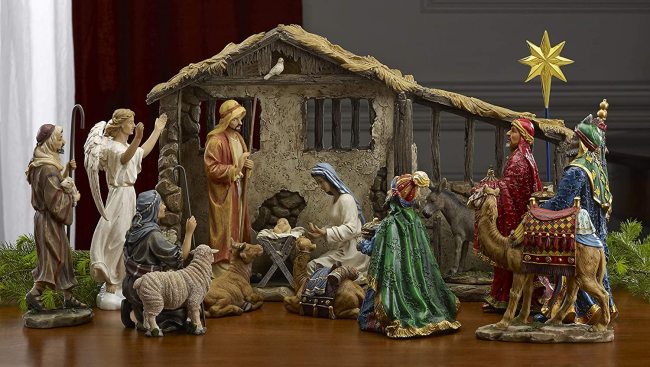 16 Piece Deluxe Edition Christmas Nativity Set with Real Frankincense Gold and Myrrh - 10 inch Scale
