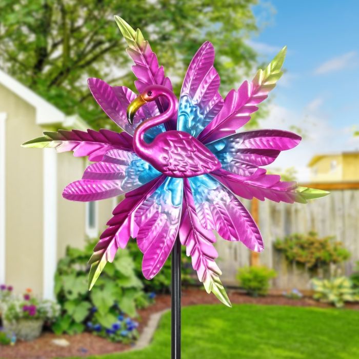 Metallic Pink Kinetic Flamingo Garden Stake with Double Spinning Feathers, 19 by 63 Inches
