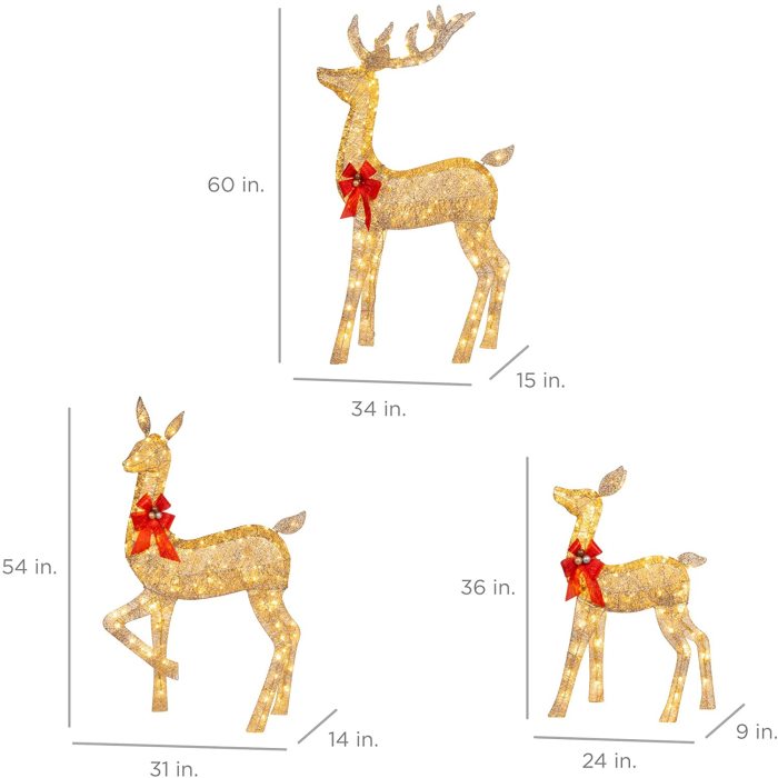 3-Piece Lighted Christmas Deer Family Set Outdoor Yard Decoration with 360 LED Lights, Stakes, Zip Ties - Gold