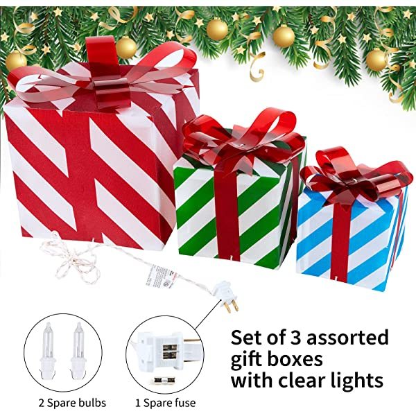 Lighted Gift Boxes Christmas Decoration, Set of 3 Piece Present Ornament Boxes with Pre-lit Mini Bulb, Light Up Gift Box for Indoor Outdoor Xmas Tree Party Holiday Decor