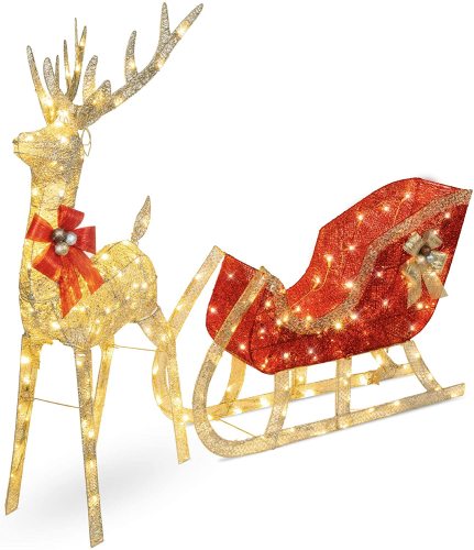 Lighted Christmas 4ft Reindeer & Sleigh Outdoor Yard Decoration Set w/ 205 LED Lights, Stakes, Zip Ties