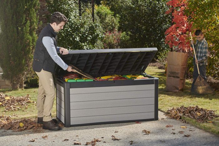 150 Gallon Resin Large Deck Box-Organization and Storage for Patio Furniture, Outdoor Cushions, Garden Tools and Pool Toys, Grey & Black