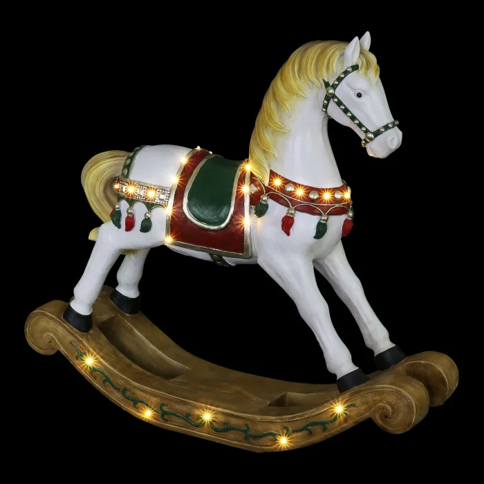 Hand Painted LED Christmas Rocking Horse Statue on a Battery Powered Timer, 23.5 Inches