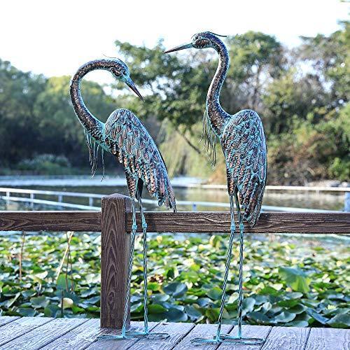 Garden Crane Statues, Standing Metal Patina Heron Decoy Outdoor Statue Large Size Bird Yard Art for Patio Lawn Pond, Set of 2
