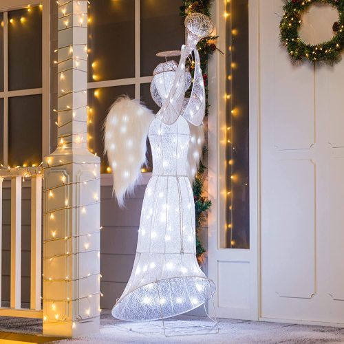 5ft Cotton Angel with Horn 100 LED Cool White Yard Light for Christmas Eve Night Decor, Christmas Event Decoration, Christmas Outdoor Yard Garden Decorations