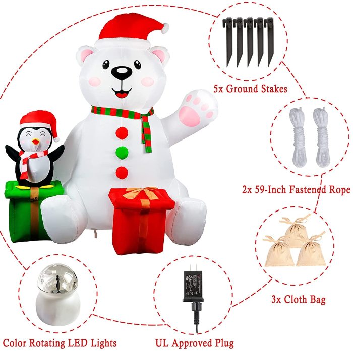 6 Ft Christmas Inflatables Outdoor Decorations, LED Light Up Polar Bear and Penguin Blow Up Inflatable Christmas Decorations for Yard Garden Lawn Indoor Xmas Holiday Party Decor