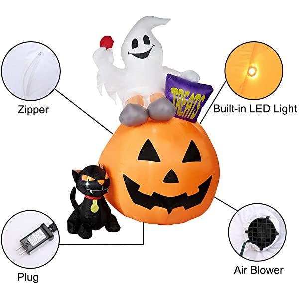 6 Ft Inflatable Lantern-Ghost-Cat, Blown up Halloween Decoration with LED Light, Tall, Indoor & Outdoor, Yard & Lawn Decor