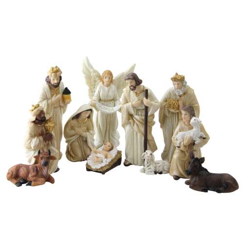 11-Piece Glittered Ivory and Cream Christmas Nativity Figure Set