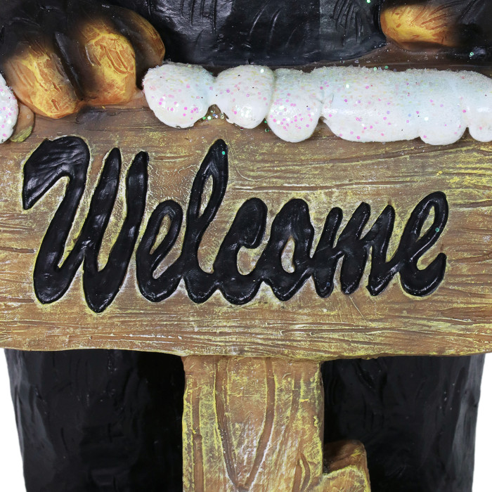 Hand Painted Holiday Bear Statue with Welcome Sign and Christmas Tree, 11.5 Inches