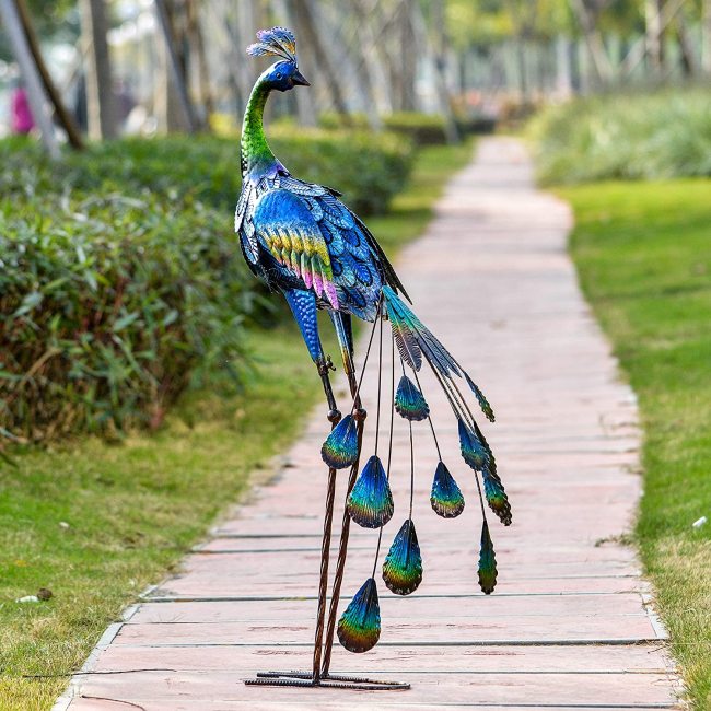 35 inch Metal Peacock Decor Garden Sculptures and Statues, Standing Peacock Yard Art for Outdoor Decor, Bird Lawn Ornament for Outside Backyard Porch Patio Decorations
