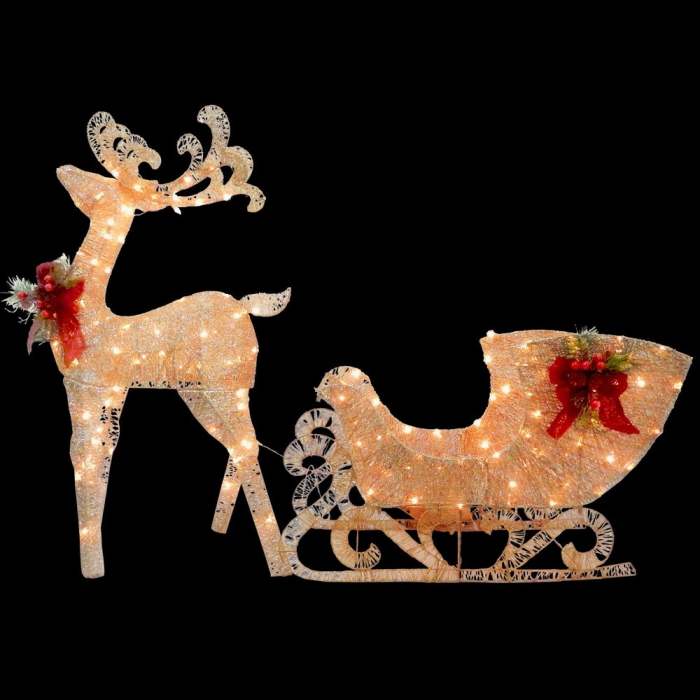 lit Artificial Christmas Decor, Includes Pre-Strung LED Lights and Ground Stakes , Reindeer and Santa's Sleigh-4 ft, White, Red, Green