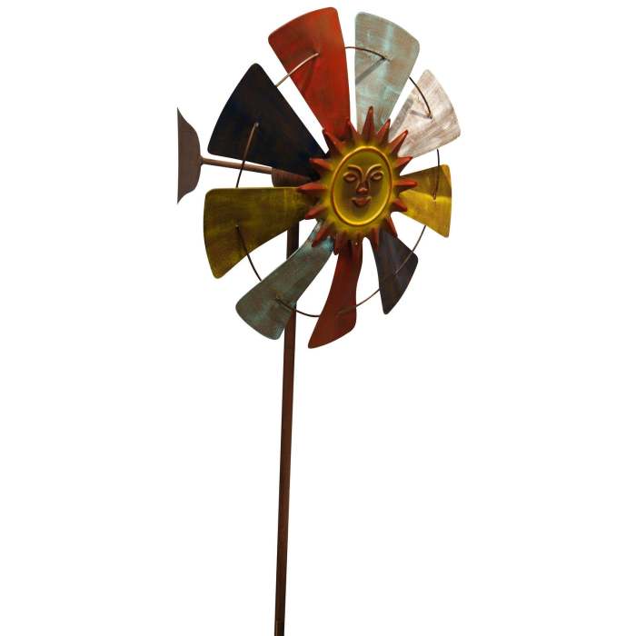 71  Sun Face Windmill Stake Kinetic Spinner Outdoor Yard Art Décor, Red, White, Yellow and Blue