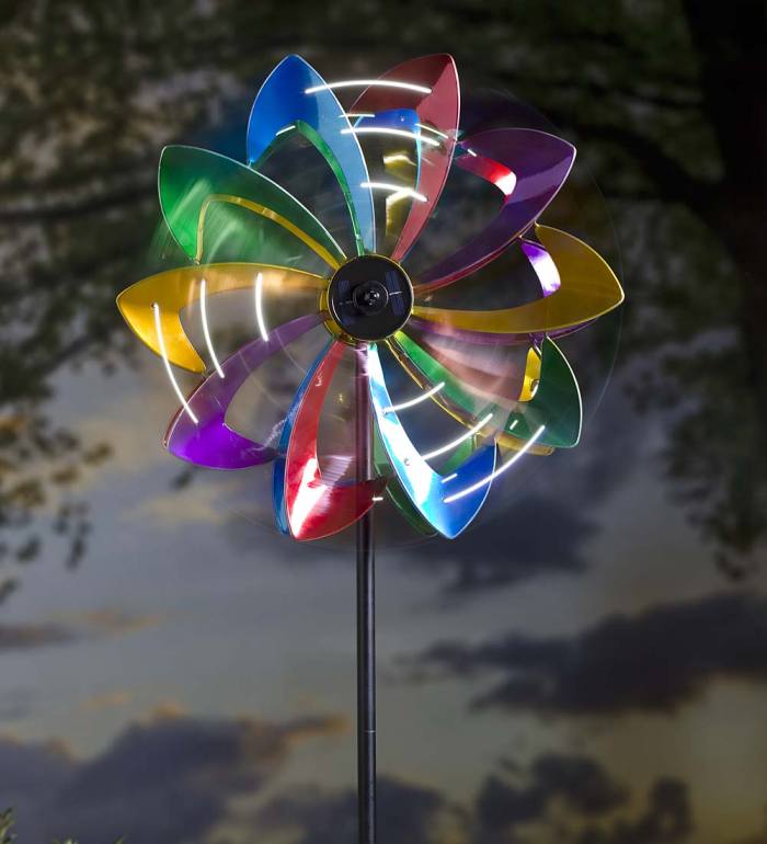 Solar Lighted LED Flower Metal Wind Spinner with Bi-Direction Rotors - Antique