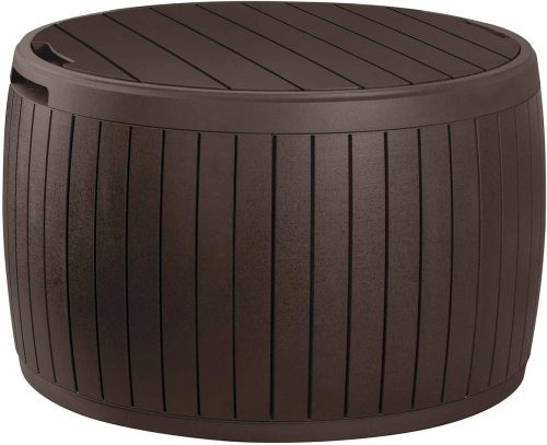 37 Gallon Round Deck Box, Patio Table for Outdoor Cushion Storage, Brown