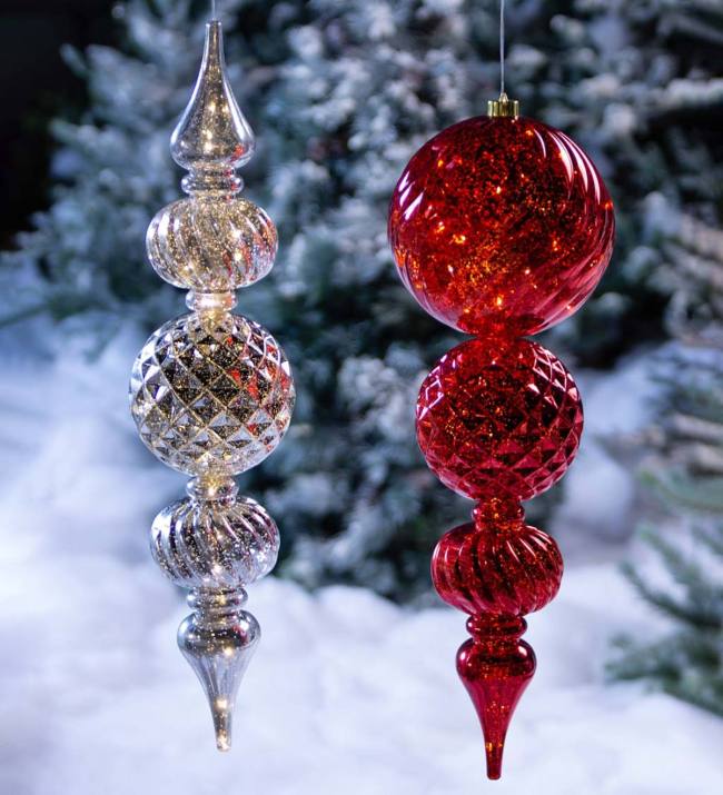 Indoor/Outdoor Shatterproof Holiday Lighted Large Finial Hanging Ornament - Finial Silver