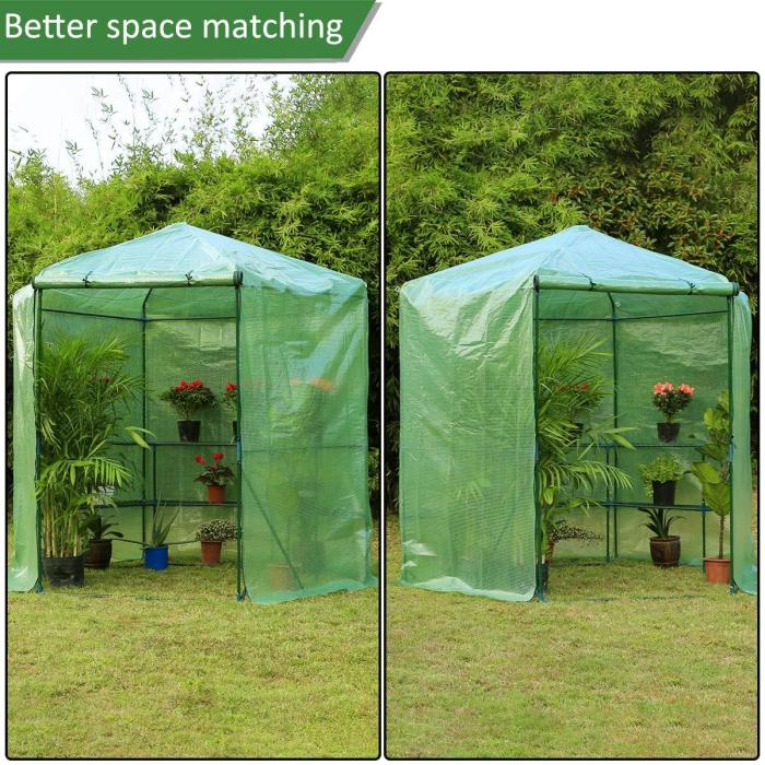 6.4'x6.4'x7.3' Portable Greenhouses w/ 3-Tier Shelf Hexagonal Green