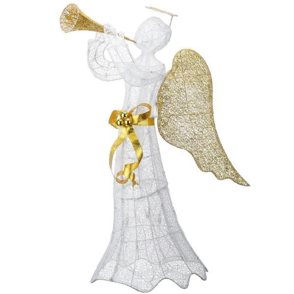 51 in. Trumpeting Gold and White Angel with Warm White LED Lights