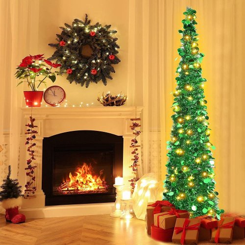5 Foot Tinsel Christmas Tree with Lights -Sequin Artificial Christmas Pencil Trees , Collapsible