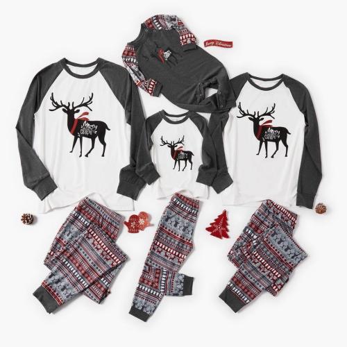 Family Matching Reindeer Top and Christmas Traditional Print Pants Pajamas Set