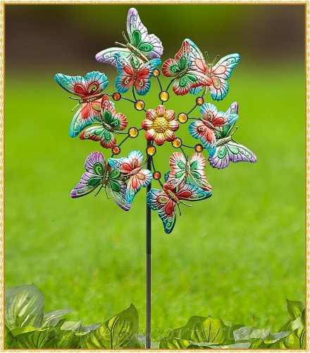 Colorful Metallic Butterfly Jeweled Garden Wind Spinner Stake Yard Art Butterflies Decoration