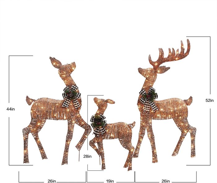 3 Piece Lighted Rustic Deer Family with Buffalo Plaid Bows Sculpture Decoration Pre Lit Display Outdoor Christmas