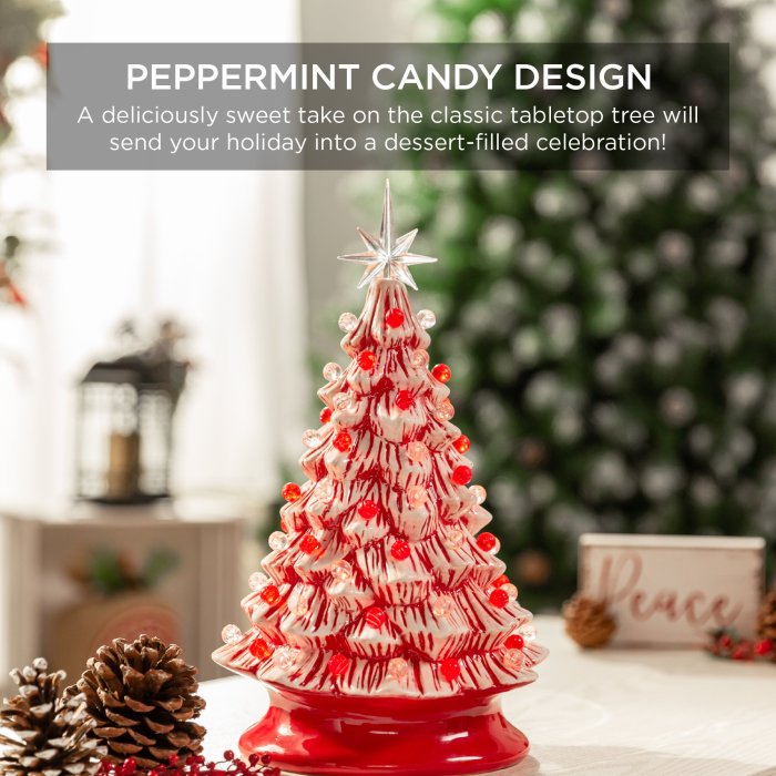 Pre-Lit Ceramic Peppermint Cane Tabletop Christmas Tree with Lights- 15in