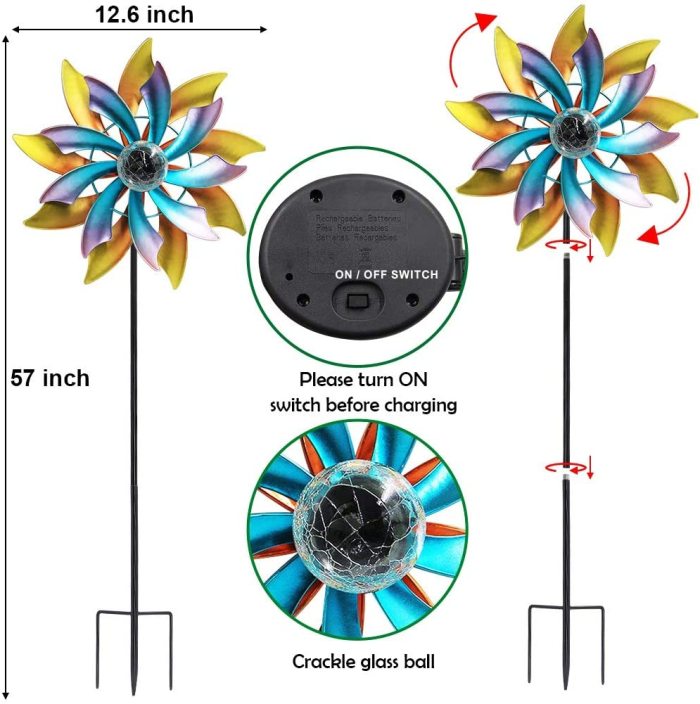 57 Inch Solar Wind Spinner with Metal Garden Stake, Multi Color Changing LED Solar Powered Glass Ball, Outdoor Wind Catcher Yard Patio Christmas Holiday Decoration