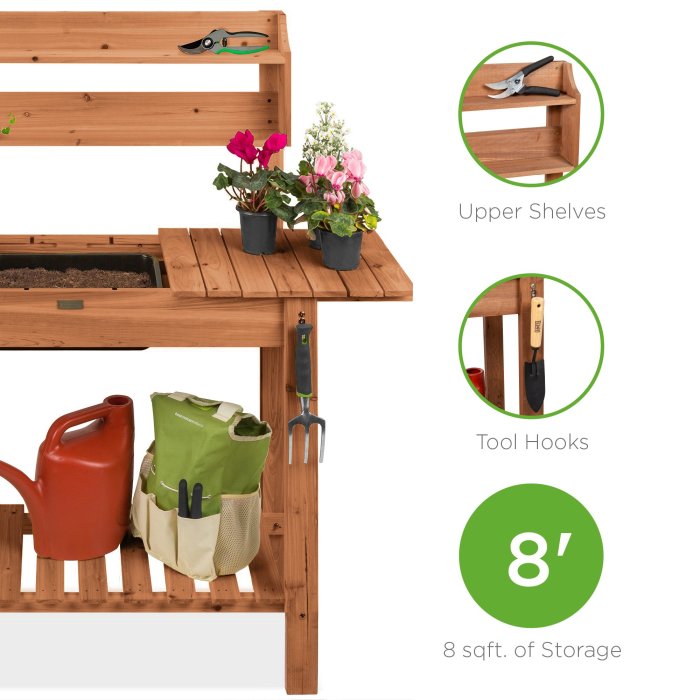 Pre-Stained Wood Garden Potting Bench w/ Sliding Tabletop, Dry Sink, Wheels