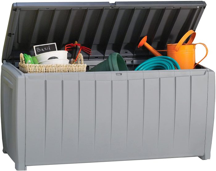 90 Gallon Resin Deck Box-Organization and Storage for Patio Furniture Outdoor Cushions, Throw Pillows, Garden Tools and Pool Toys, Grey/Black