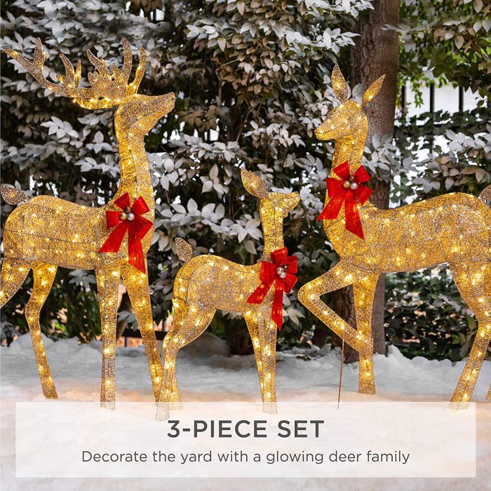 Christmas reindeer 3-Piece,with 360 LED Lights, Stakes, Zip Ties - Gold