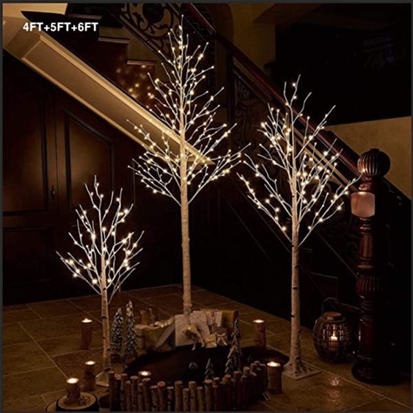 4 Feet 5 Feet 6 Feet Birch Tree, Christmas Decoration Clearance Tree Sets 3 Pieces, LED Lighted X'Mas Tree for Home | Festival Party |Indoor and Outdoor Use, Warm White 6ft
