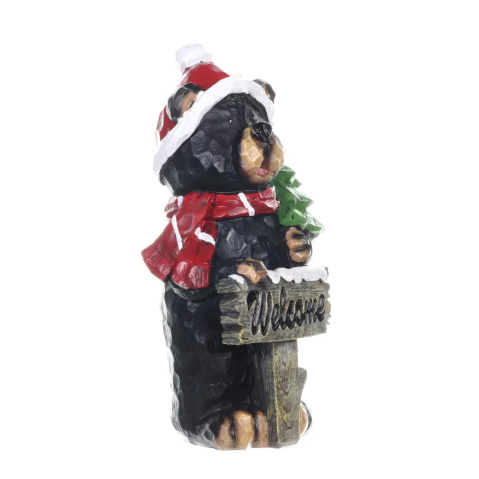 Hand Painted Holiday Bear Statue with Welcome Sign and Christmas Tree, 11.5 Inches