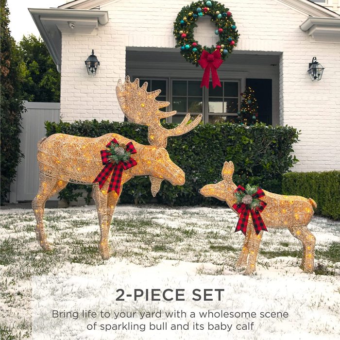 2-Piece Moose Family Lighted Outdoor Christmas Yard Decoration Set All-Weather w/Adult Bull & Baby Calf, 170 LED Lights, Ground Stakes, Zip Ties