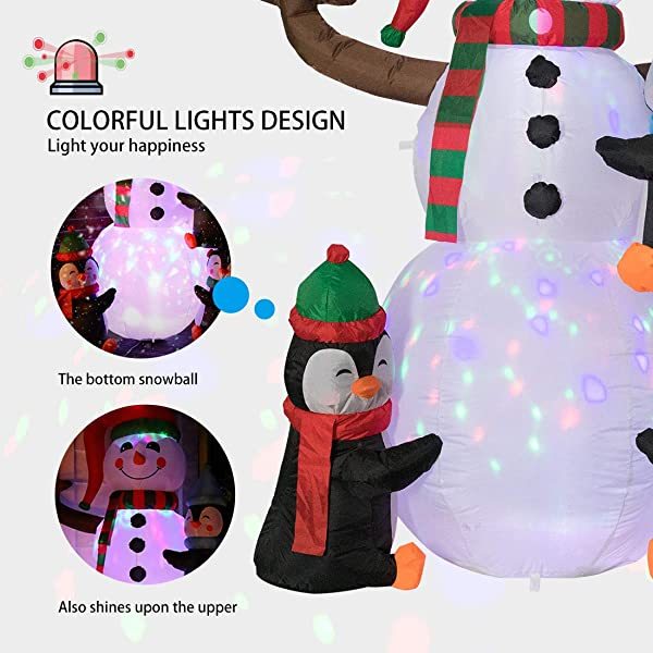 6ft Height Christmas Inflatable Snowman and Penguins with Colorful Rotating Led Lights Blow up Outdoor Yard Decoration