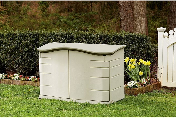 Small Horizontal Resin Weather Resistant Outdoor Garden Storage Shed, Olive and Sandstone