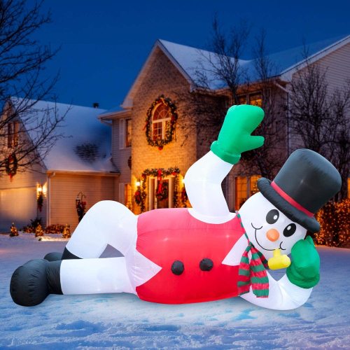 10 ft Christmas Inflatable Lounging Snowman Yard Decoration - 10 ft Long Lawn Decoration, Bright Internal Lights, Built-in Fan, and Included Stakes and Ropes