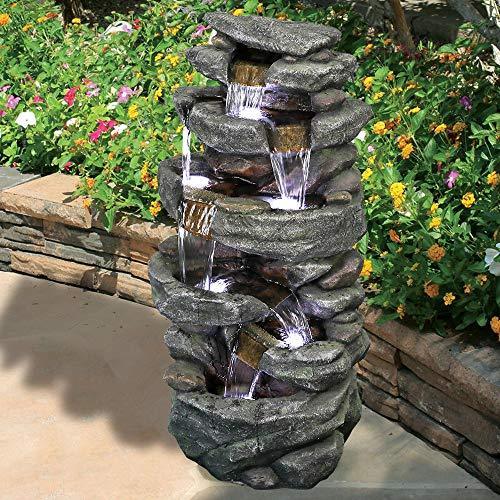 40.5  High Rocks Outdoor Water Fountain - 6-Tiers Cascading Waterfall with LED Lights, Soothing Tranquility for Home Garden, Yard Decor