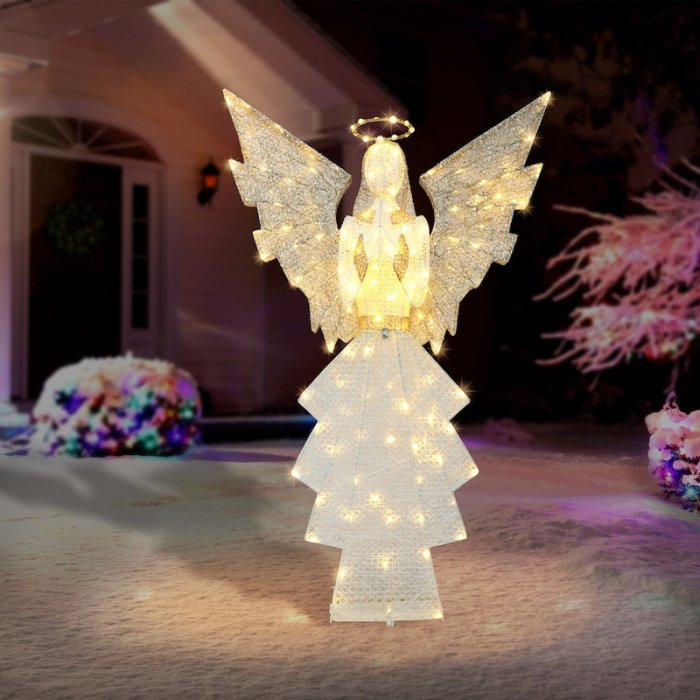 60  Gold & White Outdoor Lighted Angel, Clear LED Lights