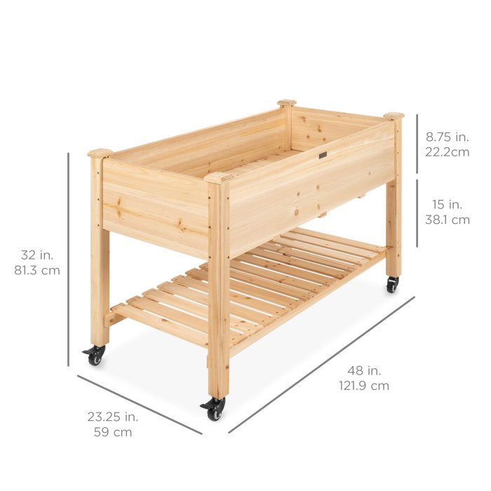 Mobile Raised Garden Bed Elevated Wood Planter w/ Wheels, Storage Shelf