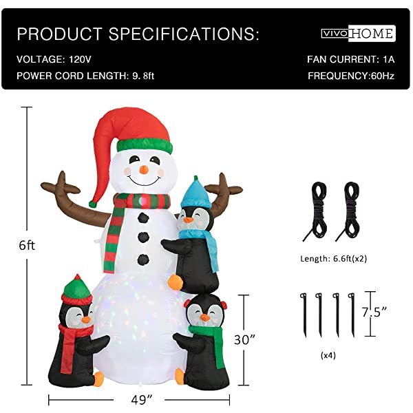 6ft Height Christmas Inflatable Snowman and Penguins with Colorful Rotating Led Lights Blow up Outdoor Yard Decoration