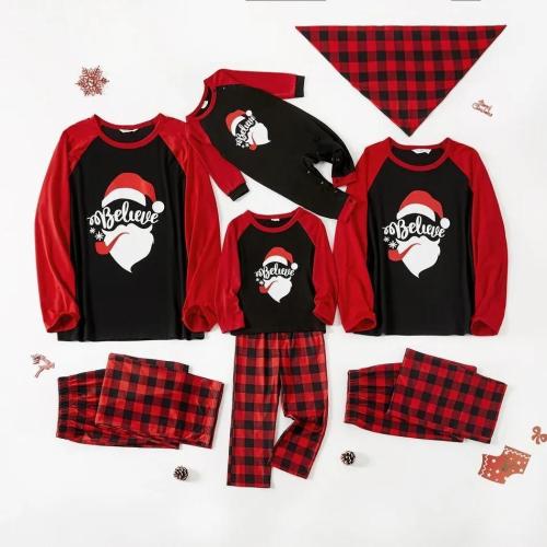 Plus Size Christmas Letter Believe Print Red Plaid Family Matching Long-sleeve Pajamas Sets
