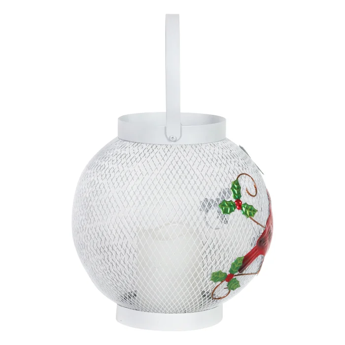Christmas Cardinal Lantern with LED Candle on a Battery Powered Timer, 13 Inches