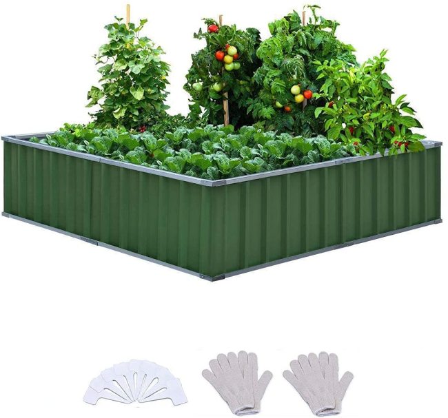 01 x 36 x 12  4 Installation Methods for DIY Raised Garden Bed Galvanized Steel Metal Planter Kit Box Grey W/ 8pcs T-Types Tag & 2 Pairs of Gloves (Green)