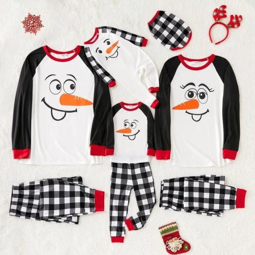 Plus Size Christmas Cartoon Snowman Face Print Family Matching Long-sleeve Pajamas Sets