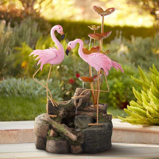 28 1/4  High Flamingos on Rock Outdoor Fountain
