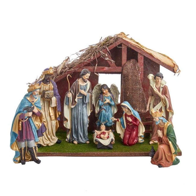 9-Inch Nativity Set with 12-Inch Wooden Stable, 8 Piece Set