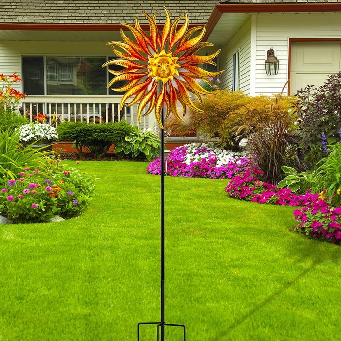 Wind Spinner Outdoor Metal Sun Wind Sculpture Spinners for Yard Patio Lawn Garden Decoration 75 inches Double Windmill 360 Degrees Swivel Spinner with Metal Stake