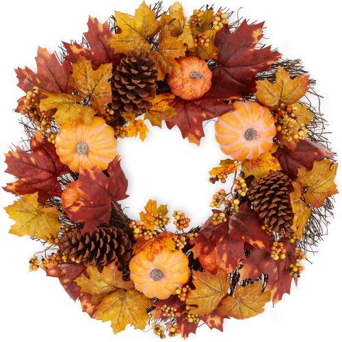 24in Artificial Fall Wreath, Indoor Outdoor Thanksgiving Décor, Autumn Holiday Decoration w/Pumpkins, Pine Cones